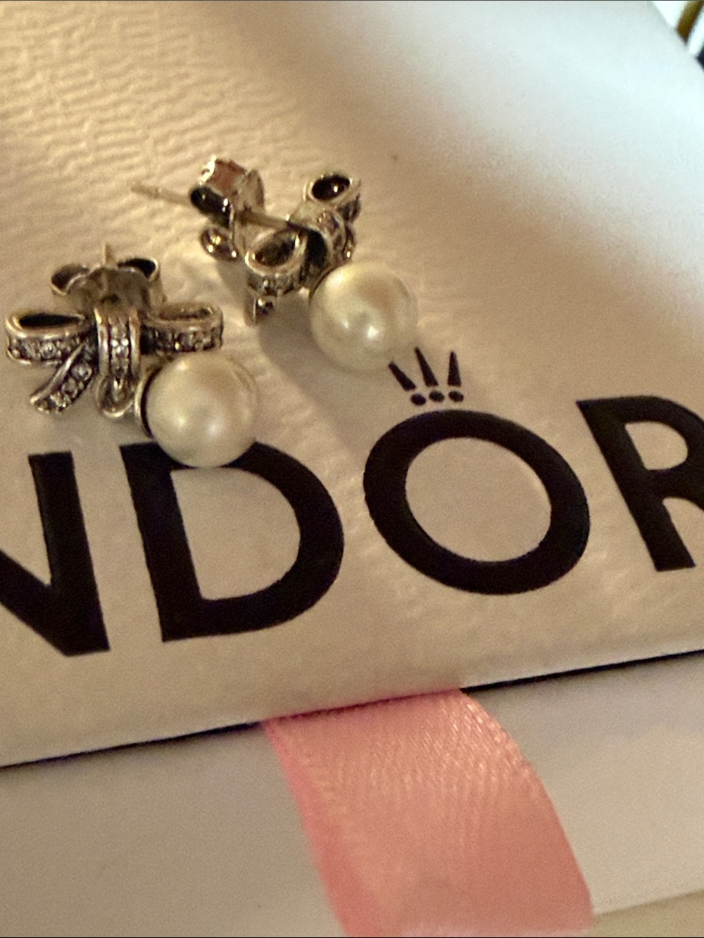 Pandora Silver Bow Pearl Drop Earrings - White Pearls